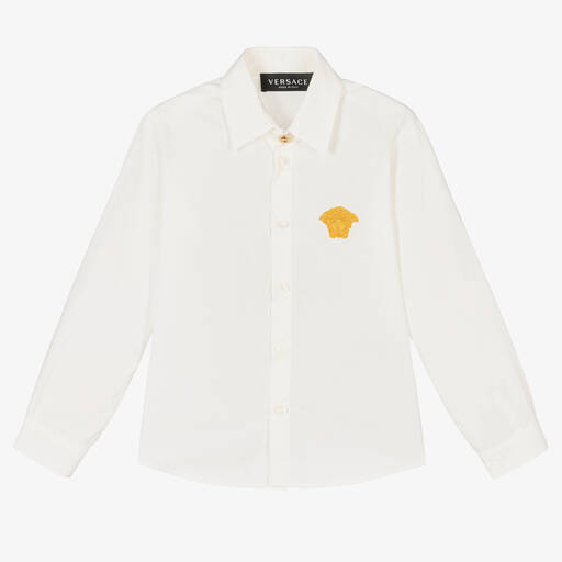 Versace-White & Gold Embroidered Medusa Shirt | Childrensalon