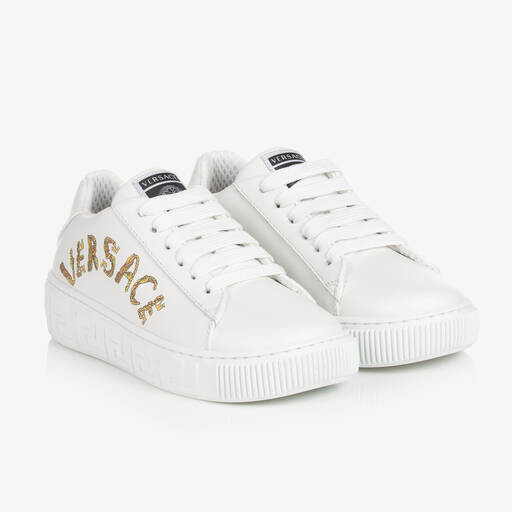 Versace-White & Gold Leather Lace-Up Trainers | Childrensalon