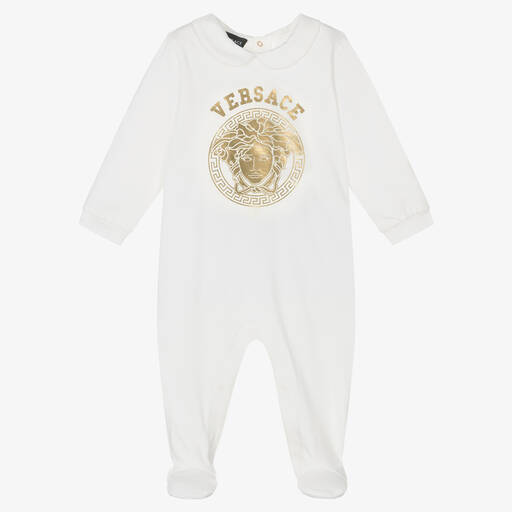 Versace-White & Gold Medusa Cotton Babygrow | Childrensalon