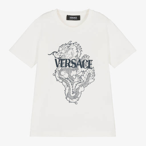 Versace-تيشيرت بطبعة تنين قطن لون أبيض وكحلي | Childrensalon