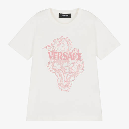 Versace-T-shirt blanc et rose en coton dragon | Childrensalon