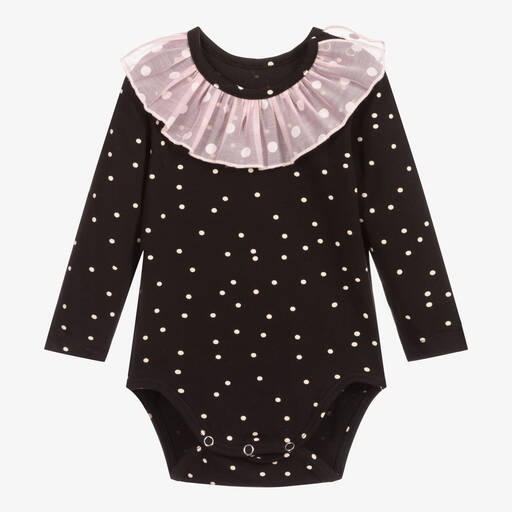 Wauw Capow-Baby Girls Black Dotted Bodysuit | Childrensalon