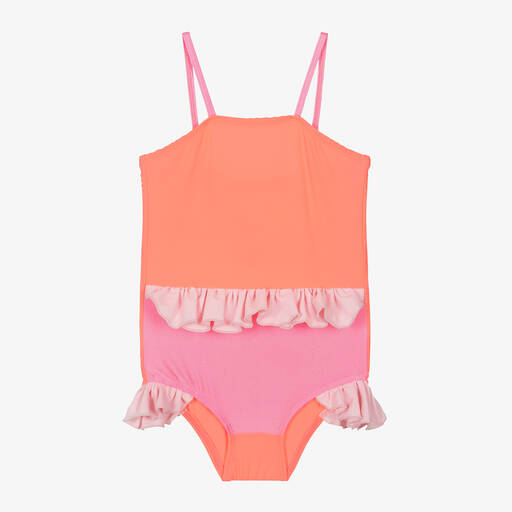 Wauw Capow-Girls Neon Coral Pink Ruffle Swimsuit | Childrensalon