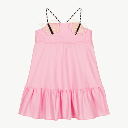 Wauw Capow-Girls Pink Tiered Cotton Butterfly Dress | Childrensalon