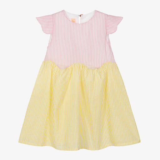 Wauw Capow-Girls Pink & Yellow Striped Cotton Dress | Childrensalon