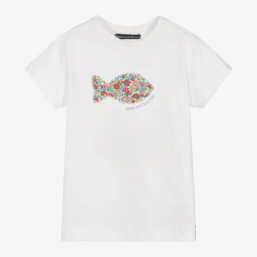 Week-end à la mer-Girls White Cotton Floral Fish T-Shirt | Childrensalon