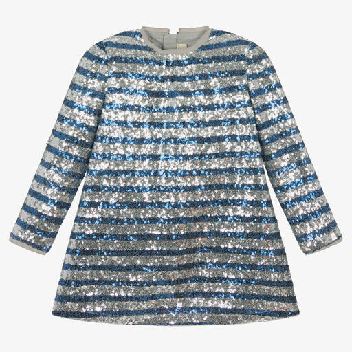 Zadig&Voltaire-Серебристое платье в голубую полоску с пайетками | Childrensalon