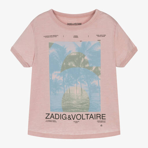 Zadig&Voltaire-Girls Pink Cotton Palm Tree T-Shirt | Childrensalon