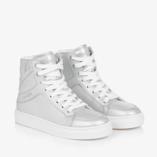 Zadig&Voltaire-Girls Silver Leather High-Top Trainers | Childrensalon