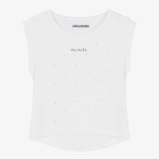 Zadig&Voltaire-Girls White Cotton Rhinestone T-Shirt | Childrensalon