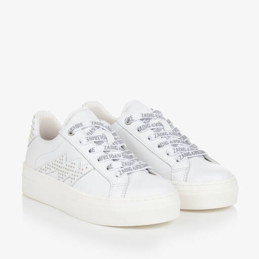 Zadig&Voltaire- Girls White Leather Lace-Up Trainers | Childrensalon