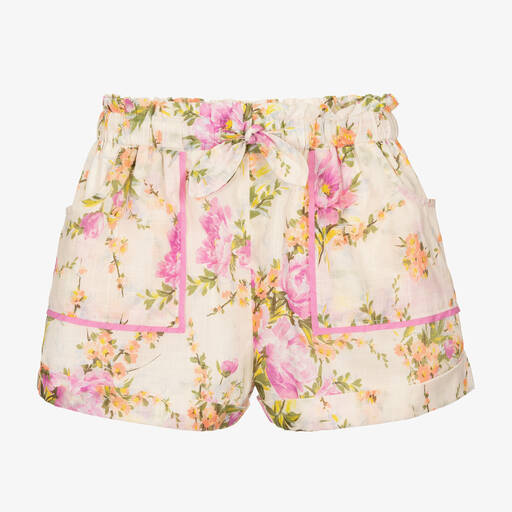 Zimmermann-Girls Ivory Cotton Floral Shorts | Childrensalon
