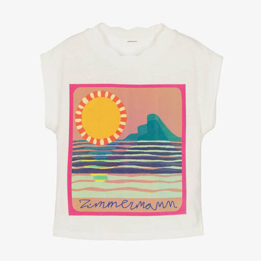 Zimmermann-Girls Ivory Sunshine Print Linen & Cotton T-Shirt | Childrensalon
