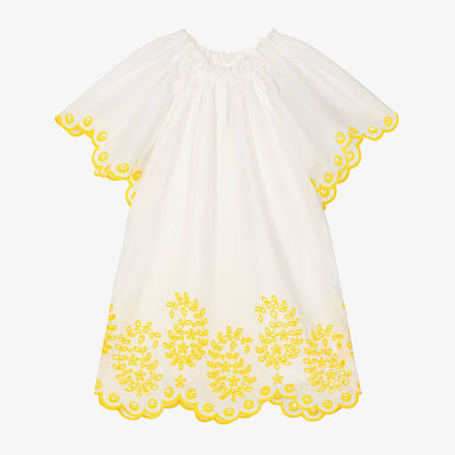 Zimmermann-Кремовое хлопковое платье с желтой вышивкой для девочек | Childrensalon
