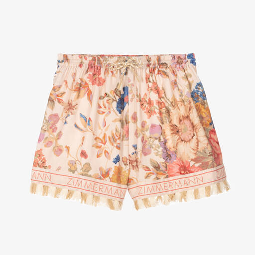 Zimmermann-Girls Pink Cotton Floral & Tassel Shorts | Childrensalon