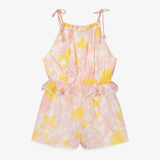 Zimmermann-Girls Pink & Yellow Floral Cotton Playsuit | Childrensalon