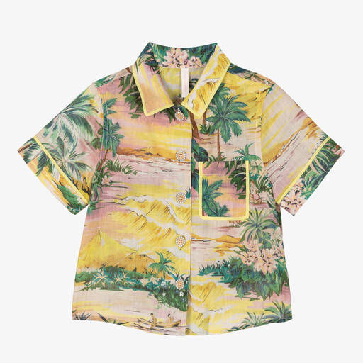 Zimmermann-Girls Yellow Cotton Palm Tree Shirt | Childrensalon