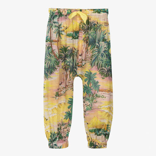 Zimmermann-Girls Yellow Cotton Palm Tree Trousers | Childrensalon
