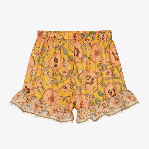 Zimmermann-Girls Yellow Floral Cotton Shorts | Childrensalon