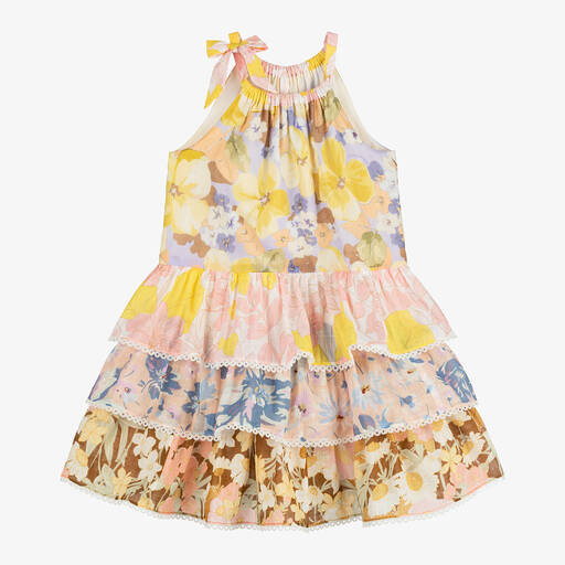 Zimmermann-Girls Yellow Floral Cotton Tiered Dress | Childrensalon