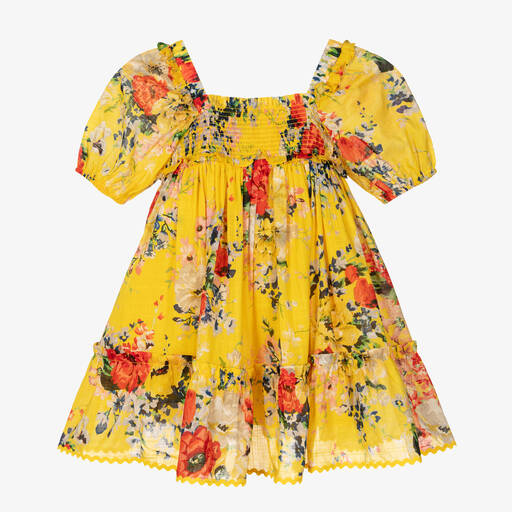 Zimmermann-Gelbes, gesmoktes Baumwollkleid mit Blumenmuster für Mädchen | Childrensalon