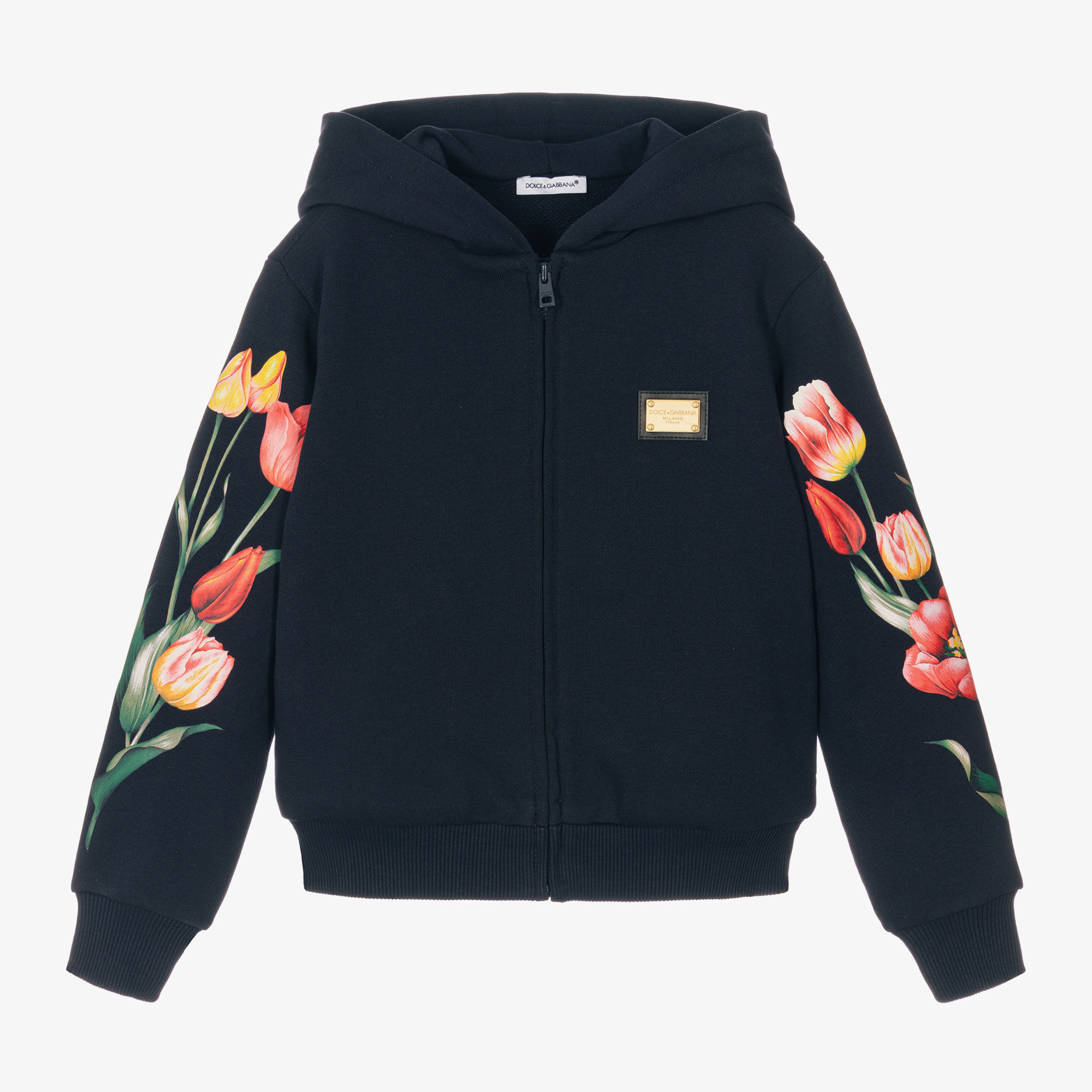 Dolce Gabbana Girls Navy Blue Cotton Tulip Zip Up Hoodie Childrensalon