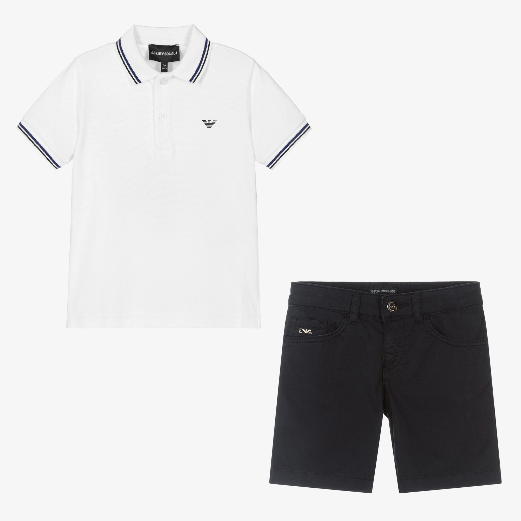 Emporio Armani Boys White Blue Cotton Shorts Set Childrensalon