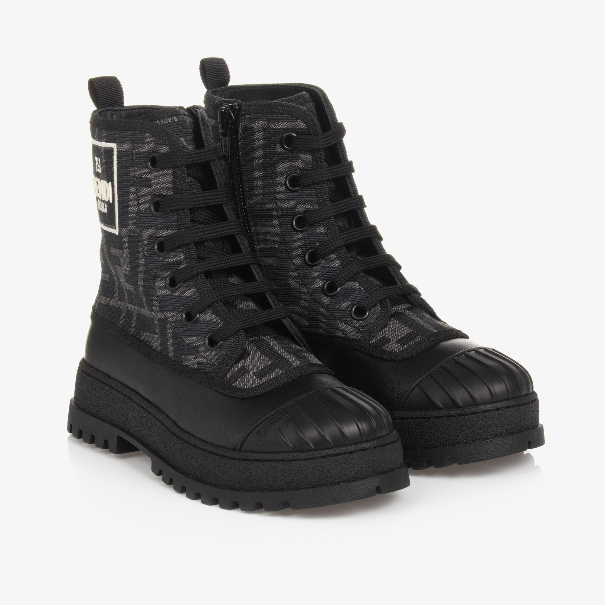 Fendi Black Leather FF Biker Boots Childrensalon