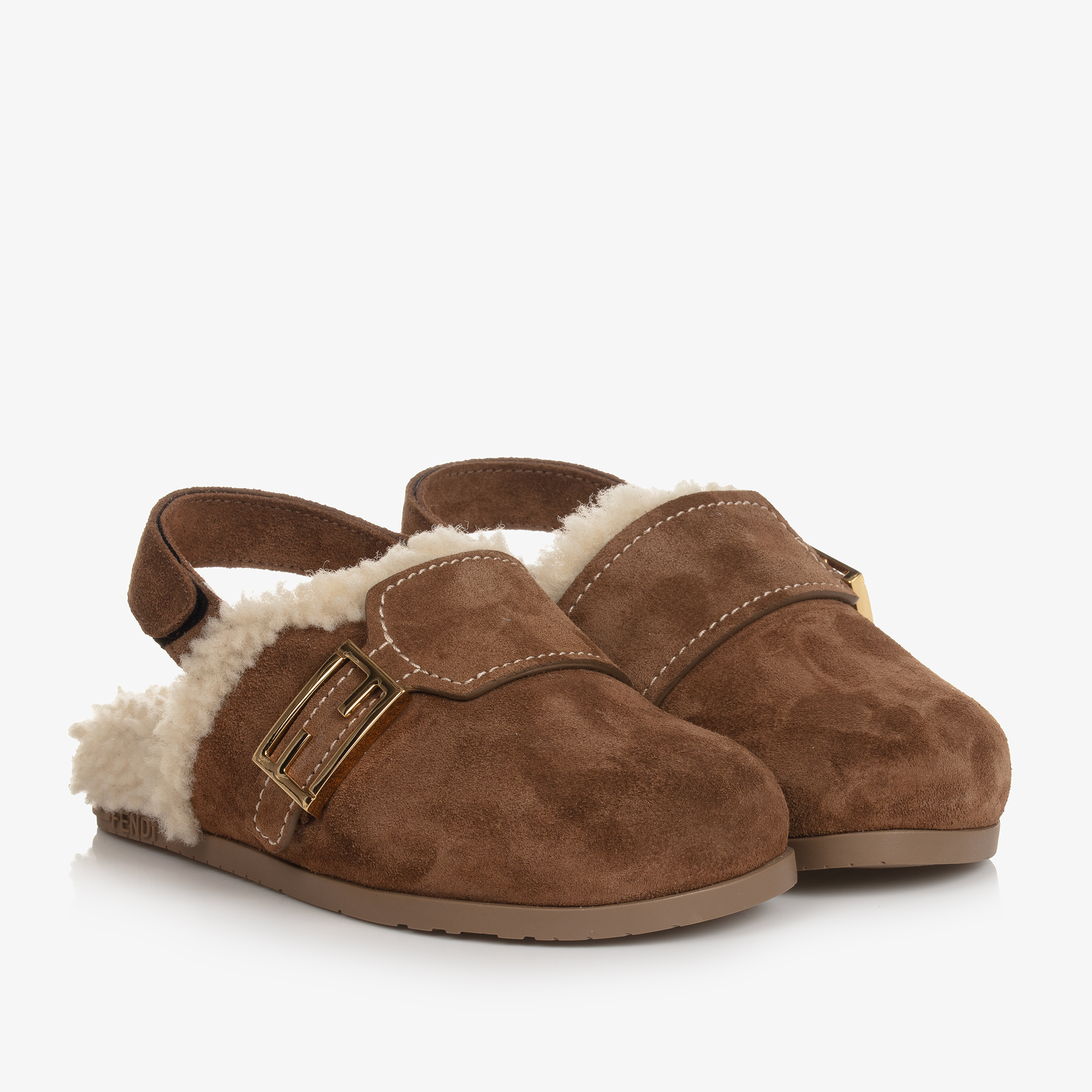 Fendi Girls Brown Leather Shearling Mules