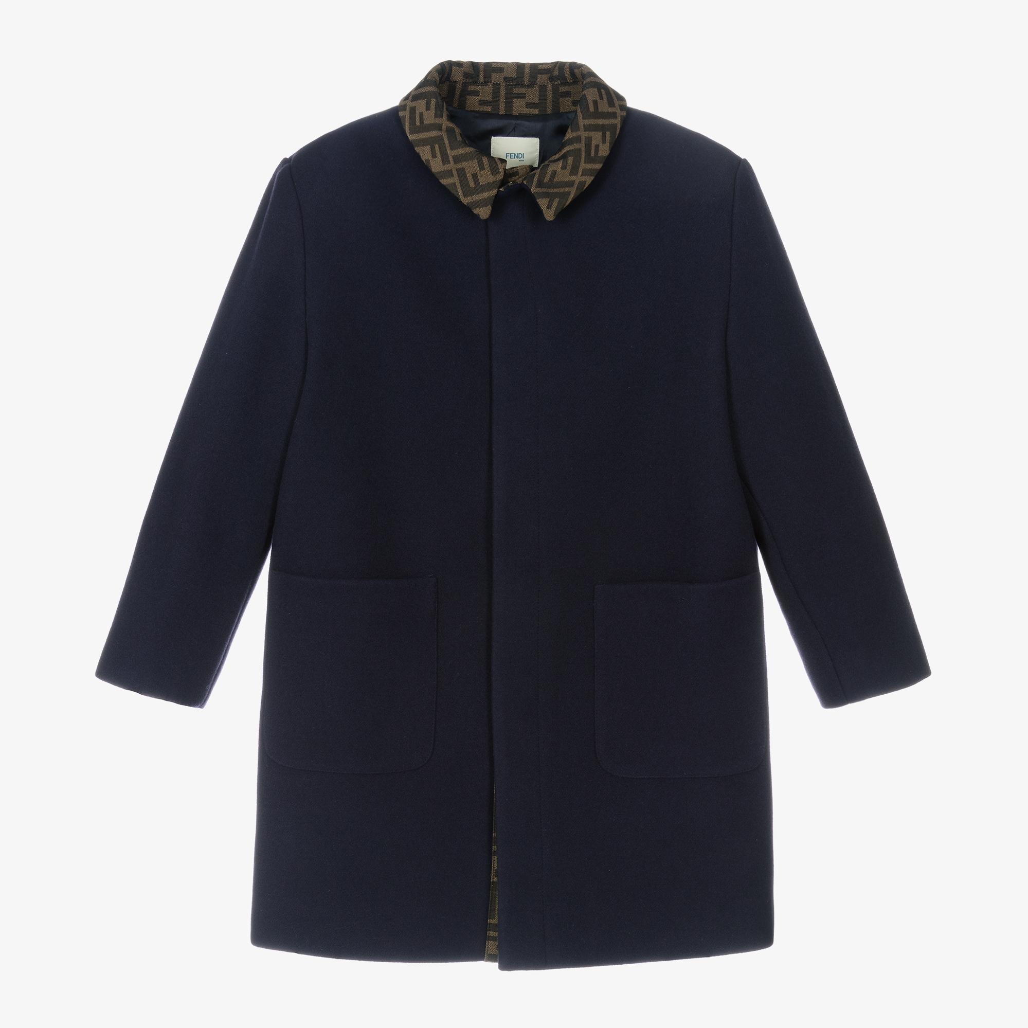 Fendi Girls Navy Blue FF Logo Wool Coat