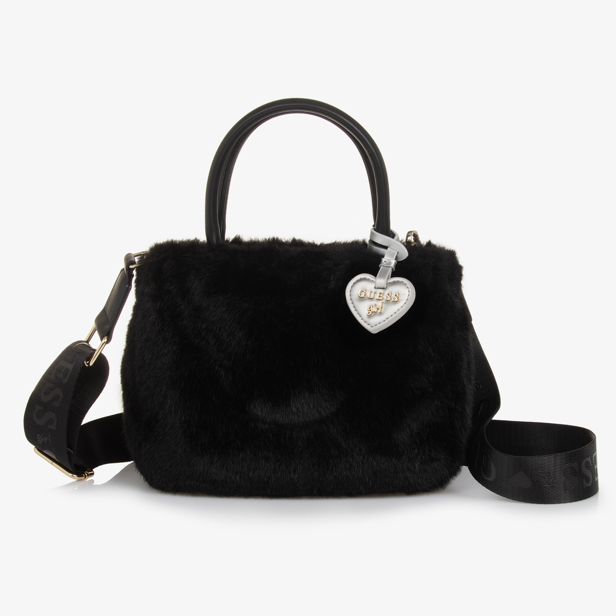 Guess Girls Black Faux Fur Handbag 24cm