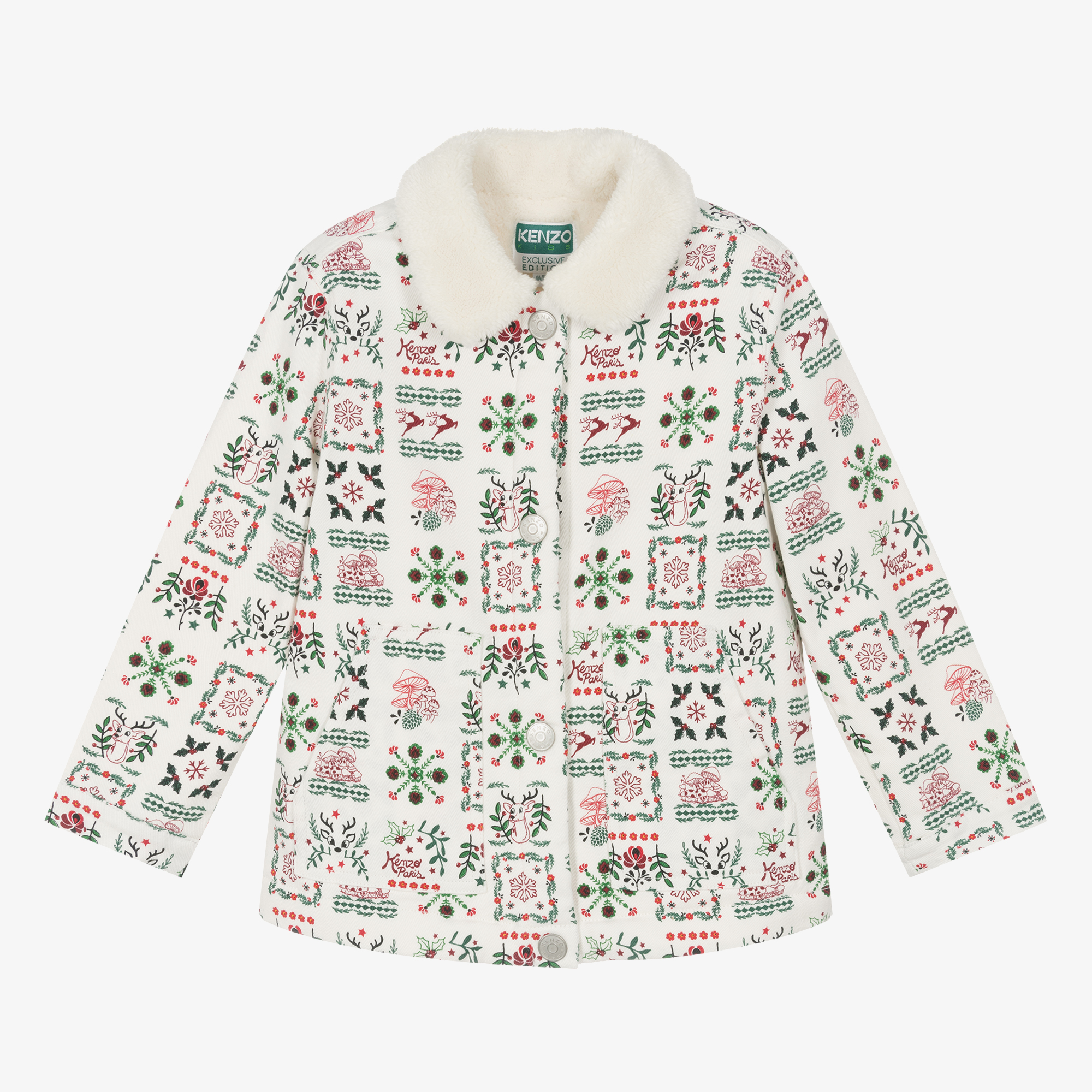 KENZO KIDS Girls Ivory Festive Cotton & Sherpa Jacket