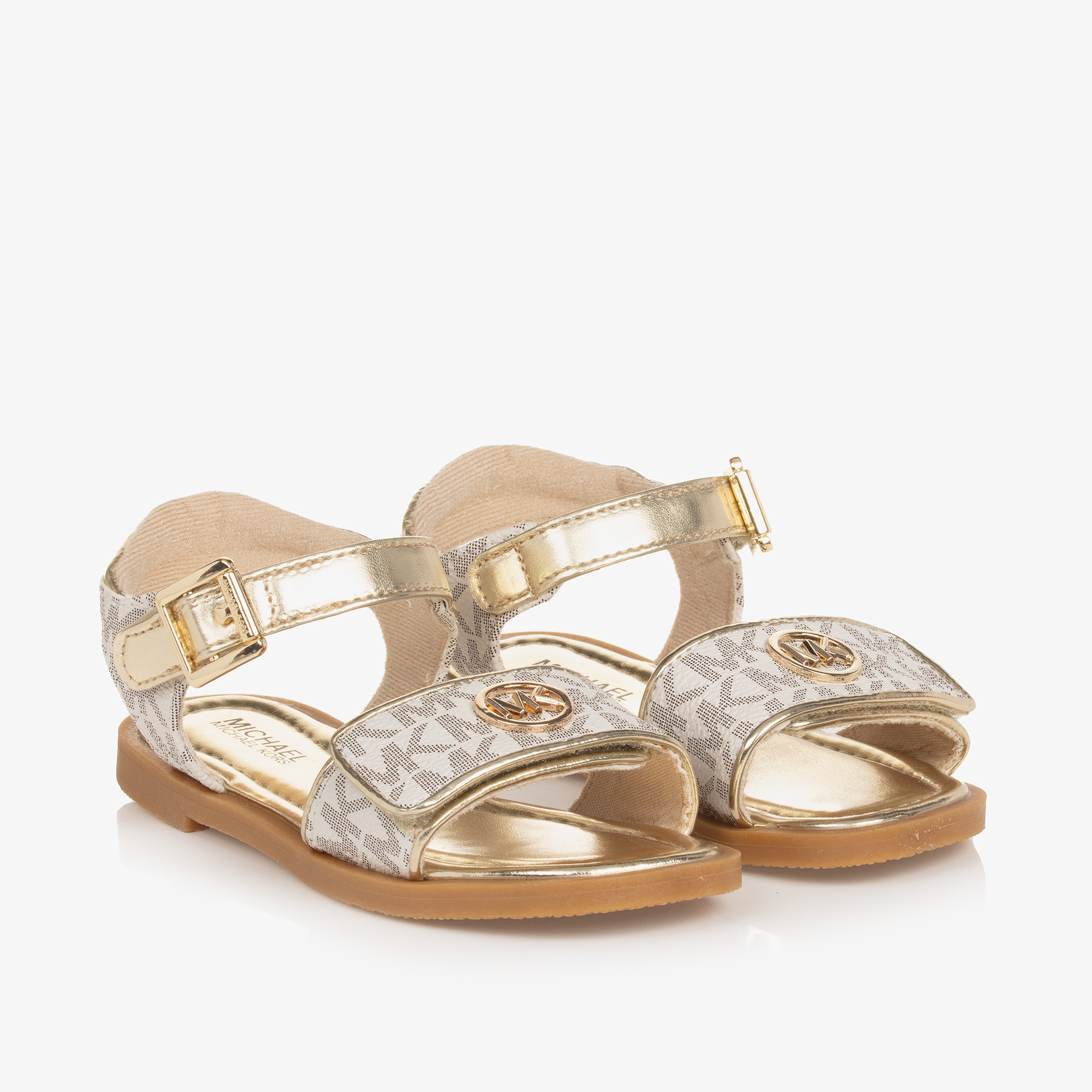 Michael Kors Kids Girls Ivory Gold Faux Leather Sandals