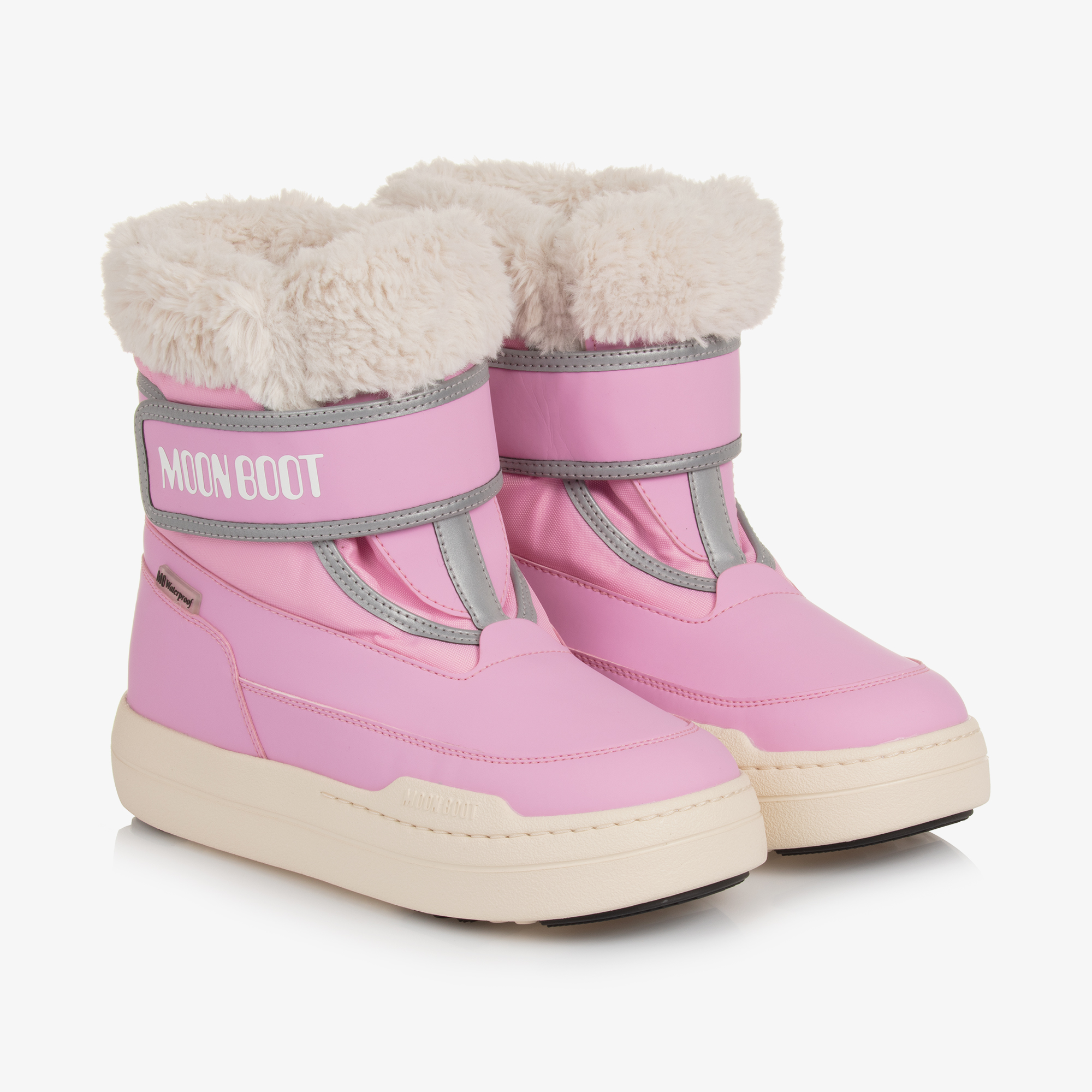 Moon Boot Pink Faux Fur Trim Velcro Boots