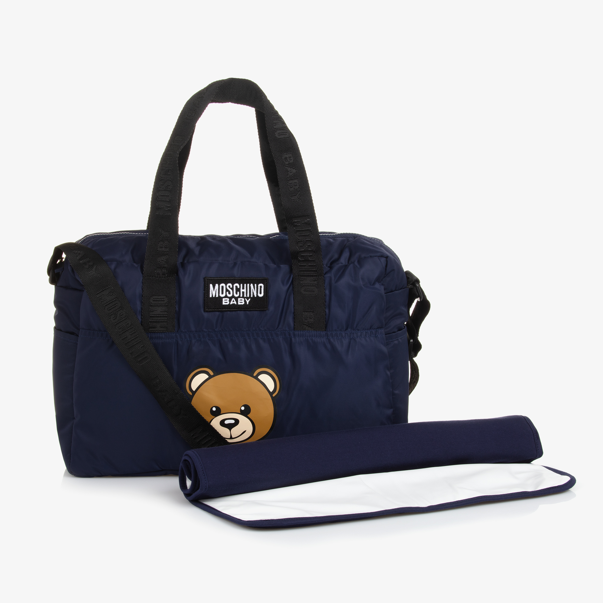 NWT MOSCHINO Teddy Bear Royal Blue Leather Trimmed Printed Satin on sale Twill Pouch