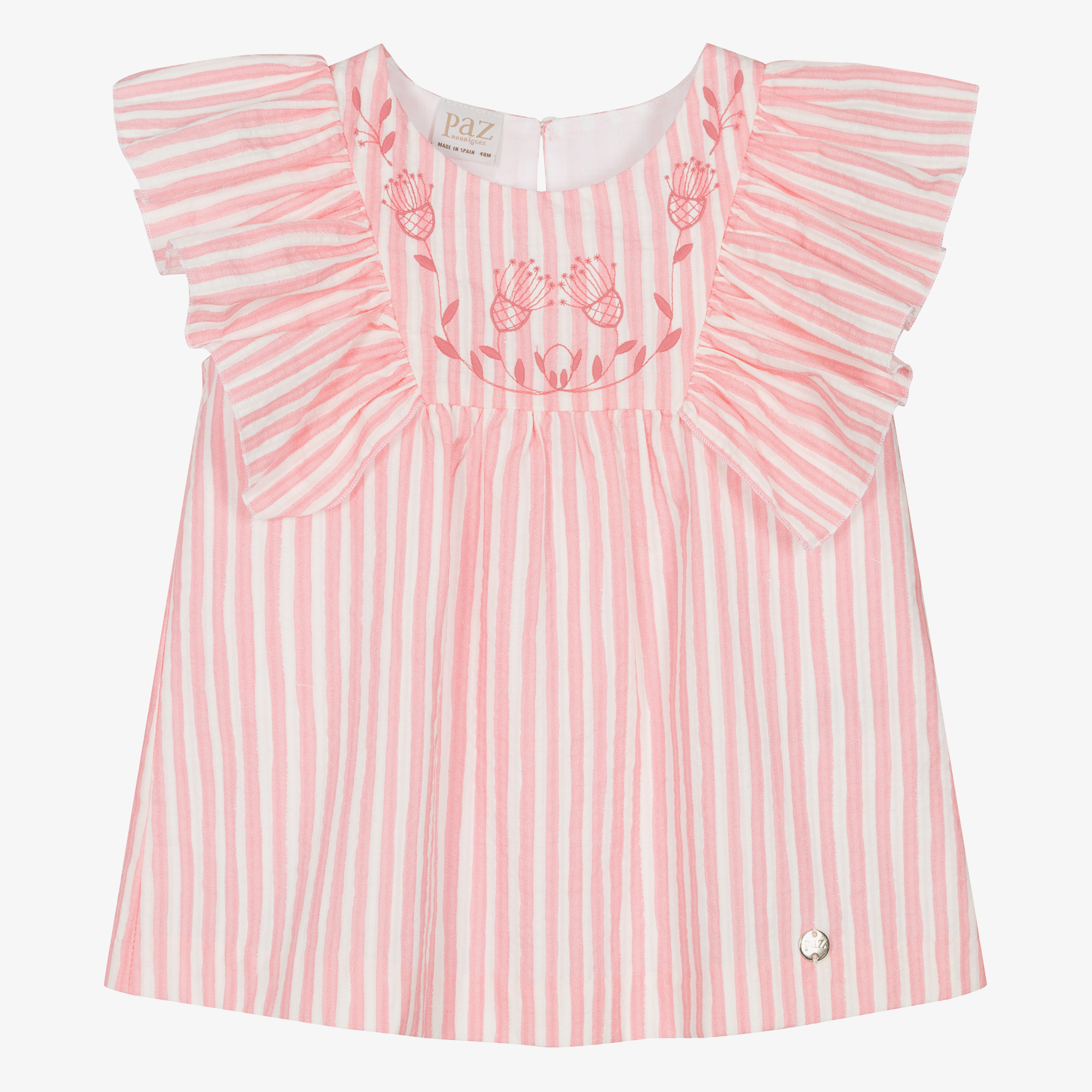 Paz Rodríguez Girls Pink Stripe Cotton Frill Blouse