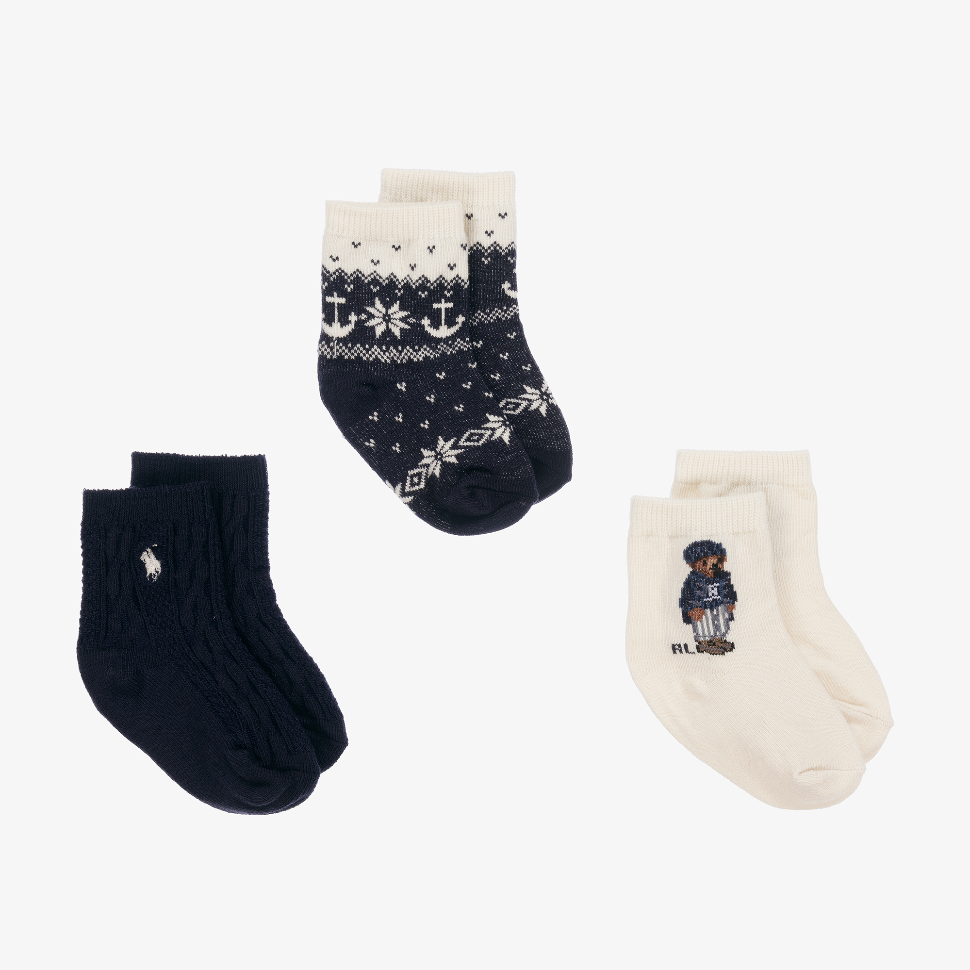 Ralph Lauren Baby Boys Ivory Blue Socks 3 Pack Childrensalon