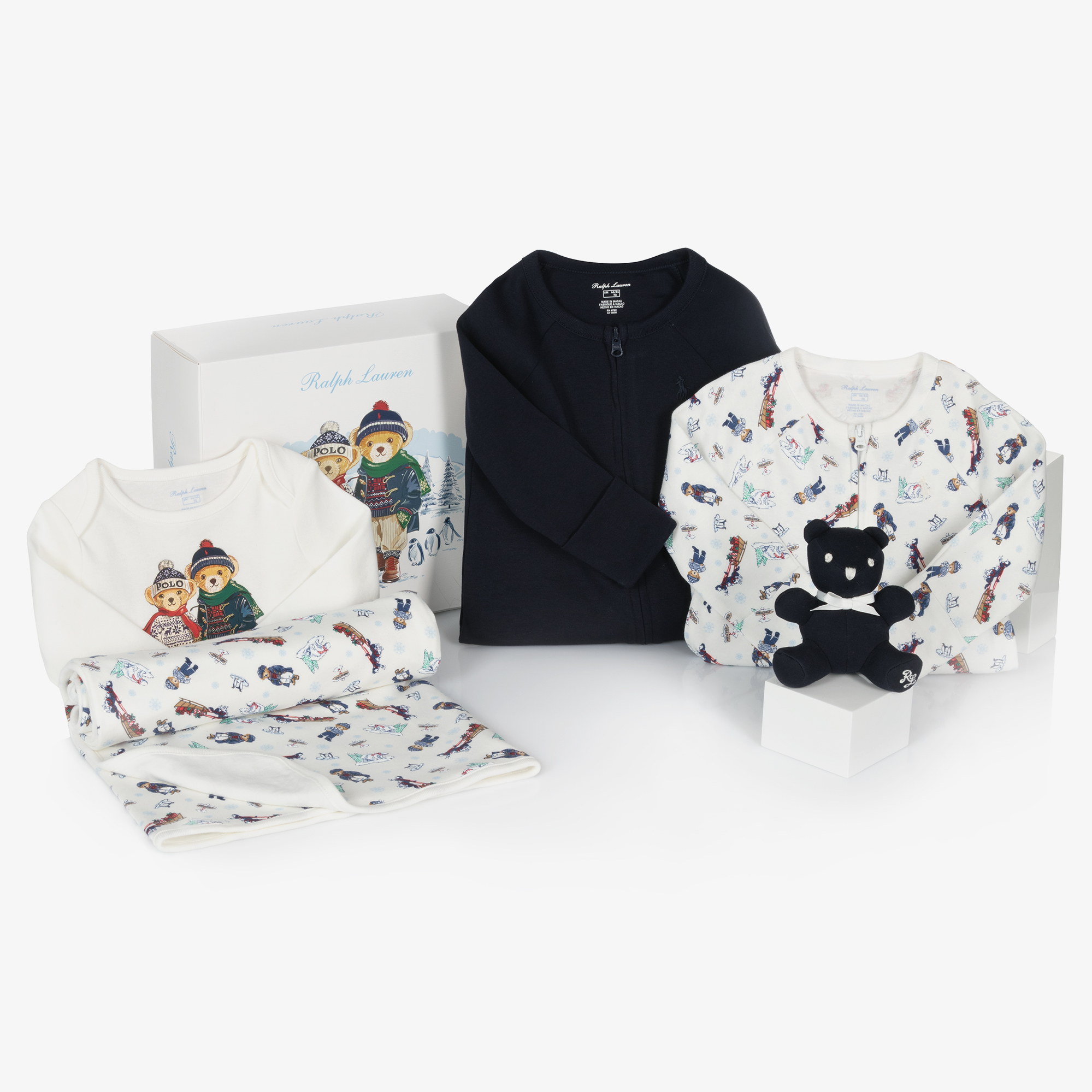 Ralph Lauren Boys Ivory Blue Polo Bear Babysuit Set