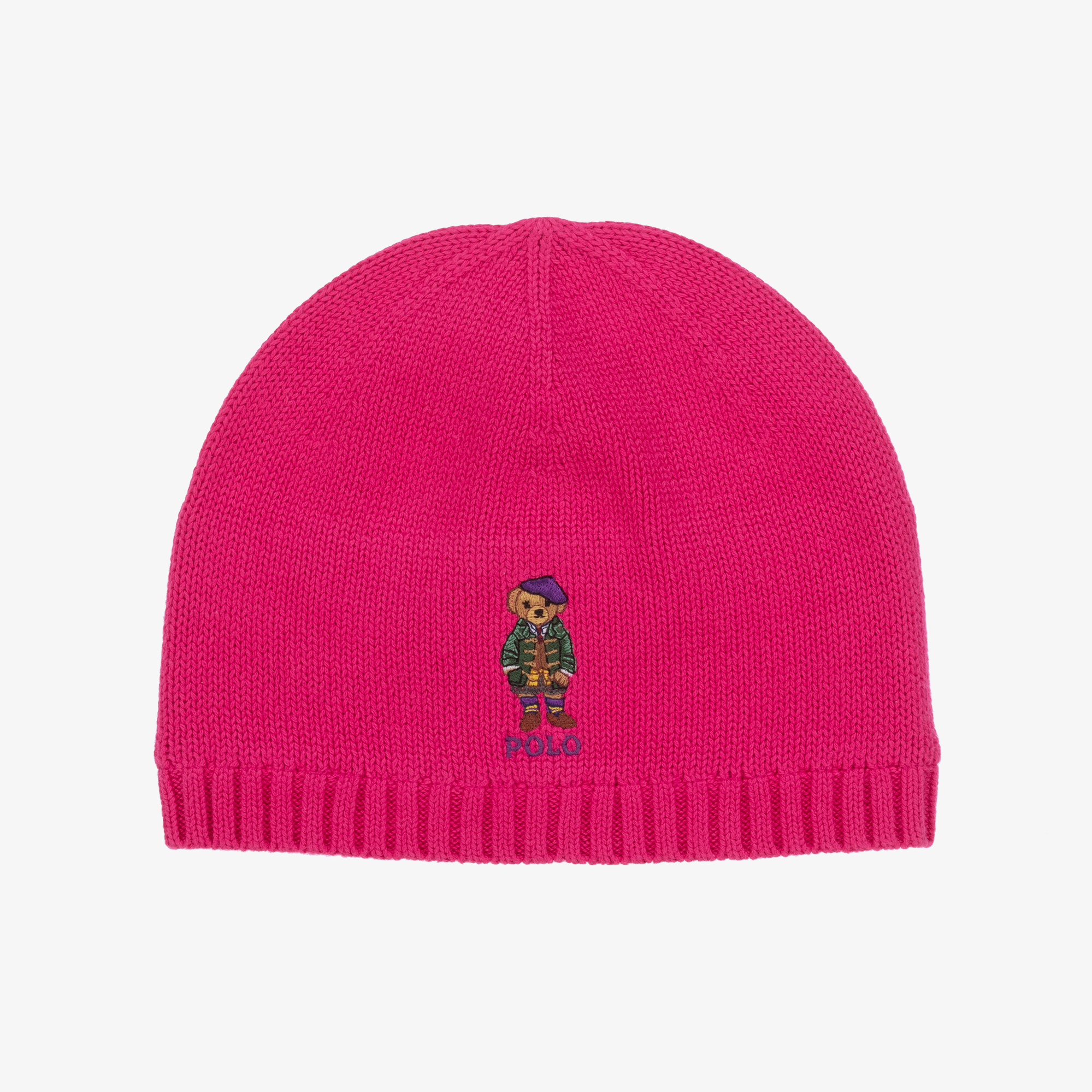 Ralph Lauren Girls Pink Cotton Knit Polo Bear Beanie Hat