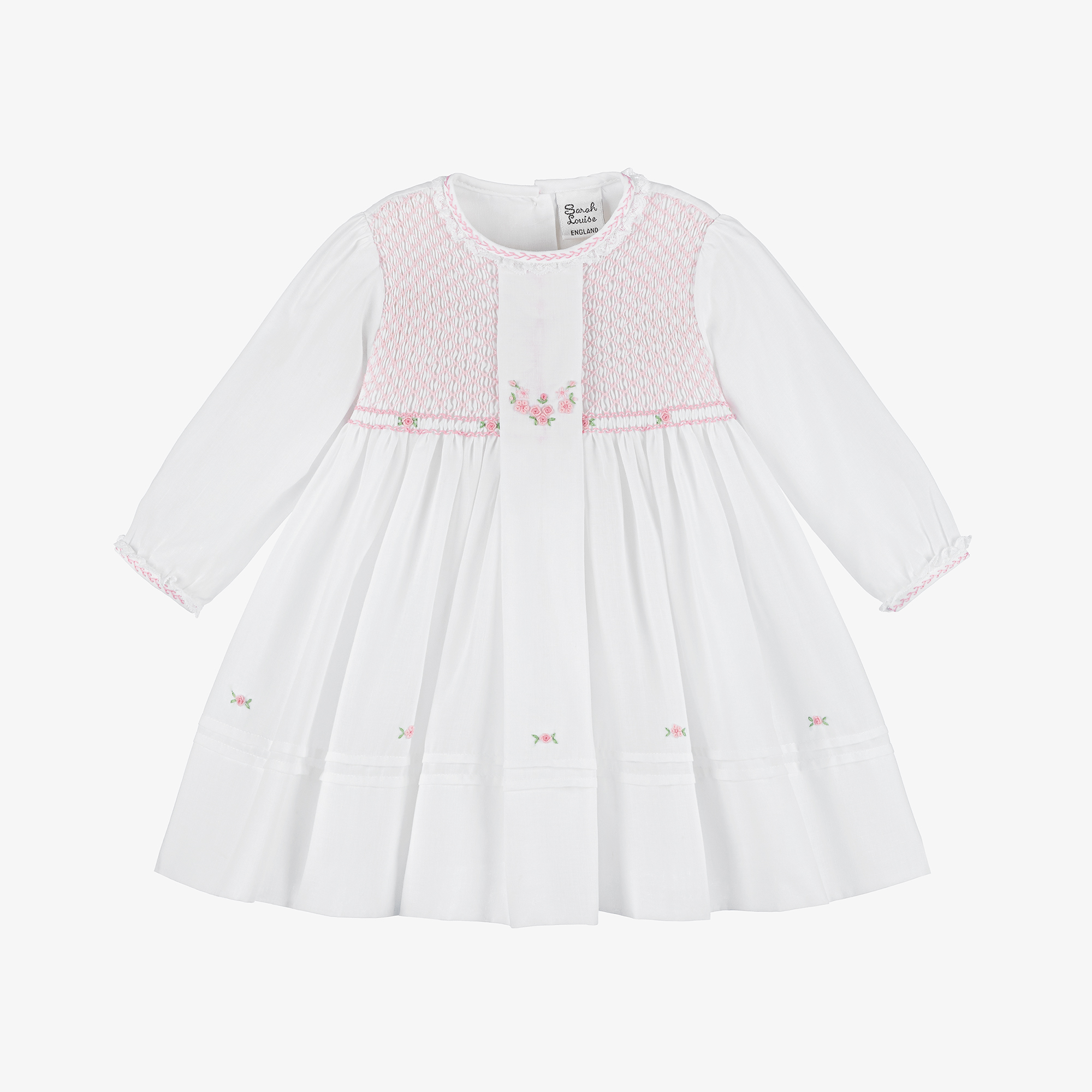 Baby dress (6 months), hand-smocked and embroidered in pale pinks on pure store white batiste fabric, special occasion or any day, easy care