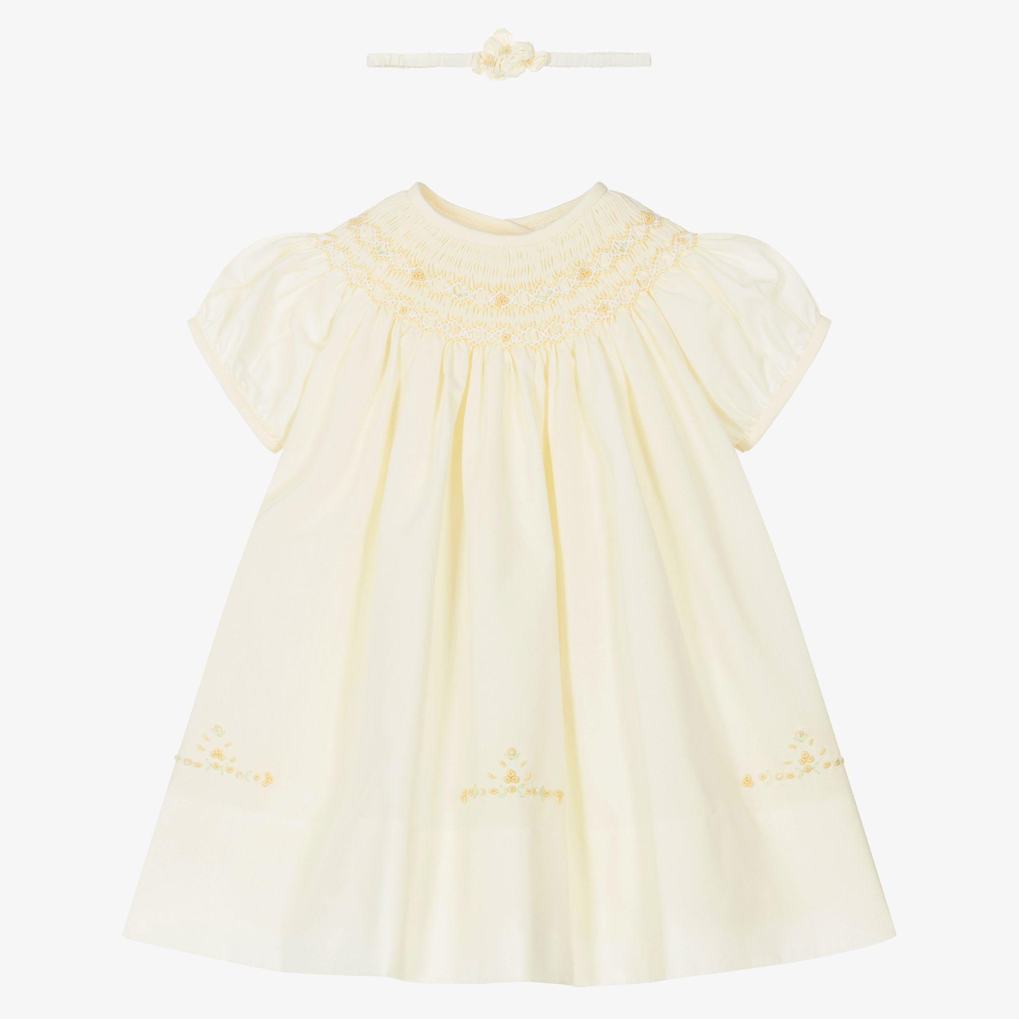 Sarah Louise Baby Girls Yellow Hand-Smocked Cotton Dress Set