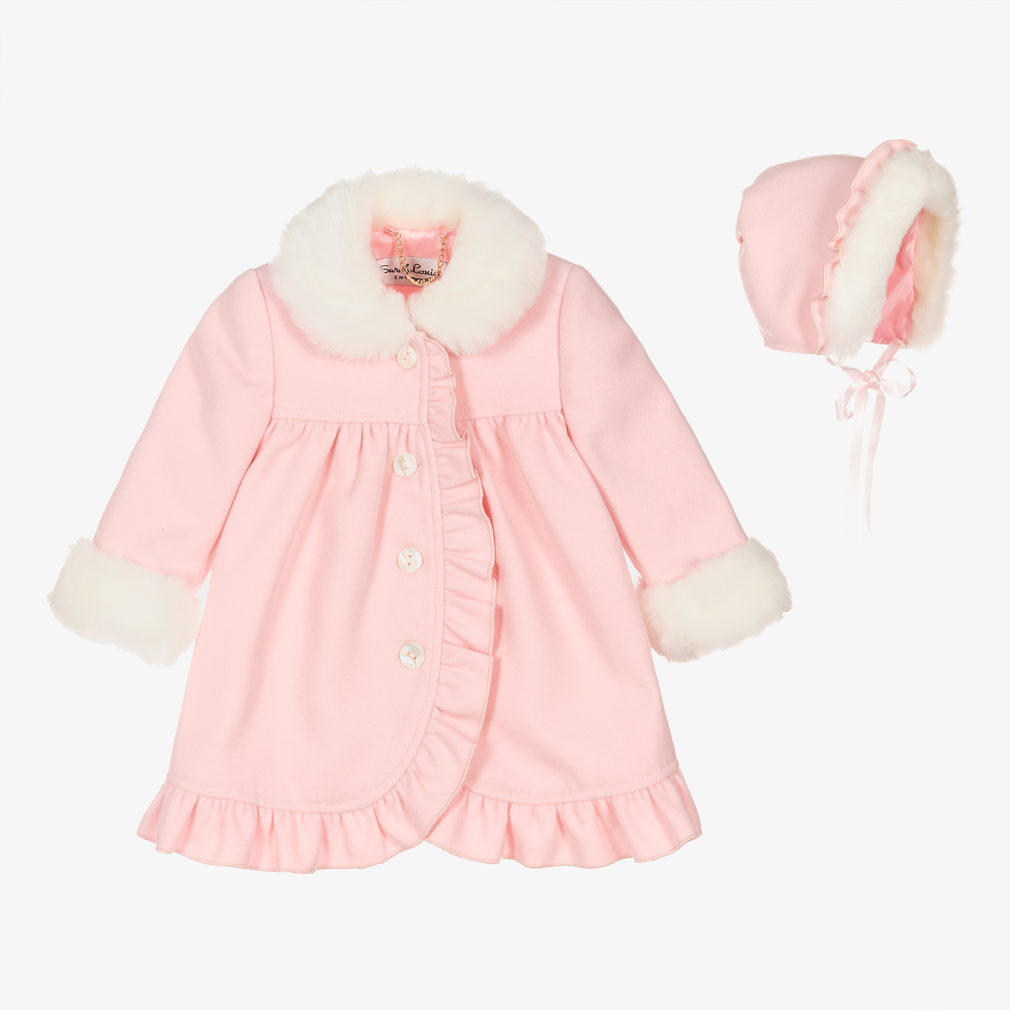 Sarah Louise - Girls Pink Coat & Hat Set | Childrensalon