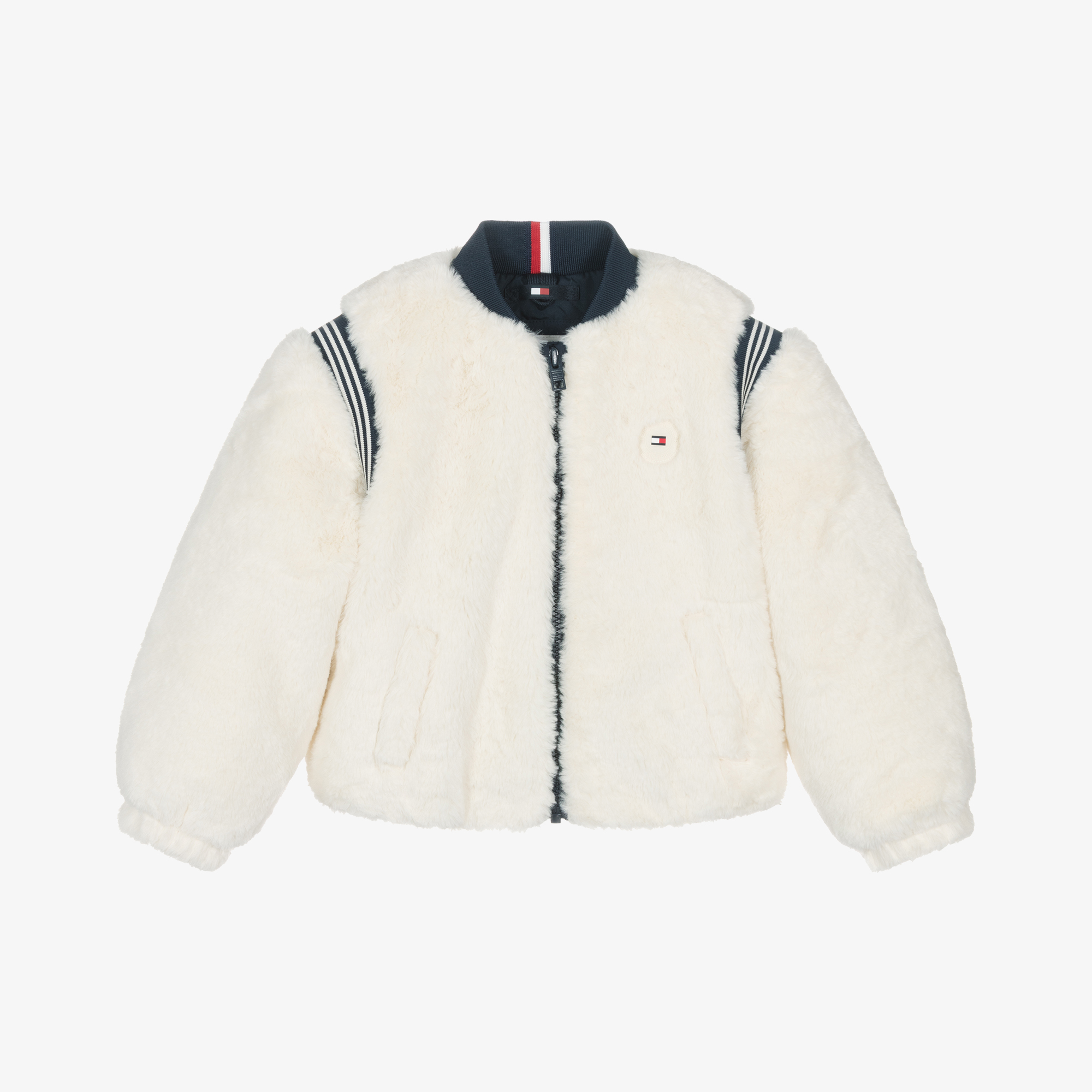 Tommy Hilfiger Girls Ivory Faux Fur Varsity Jacket