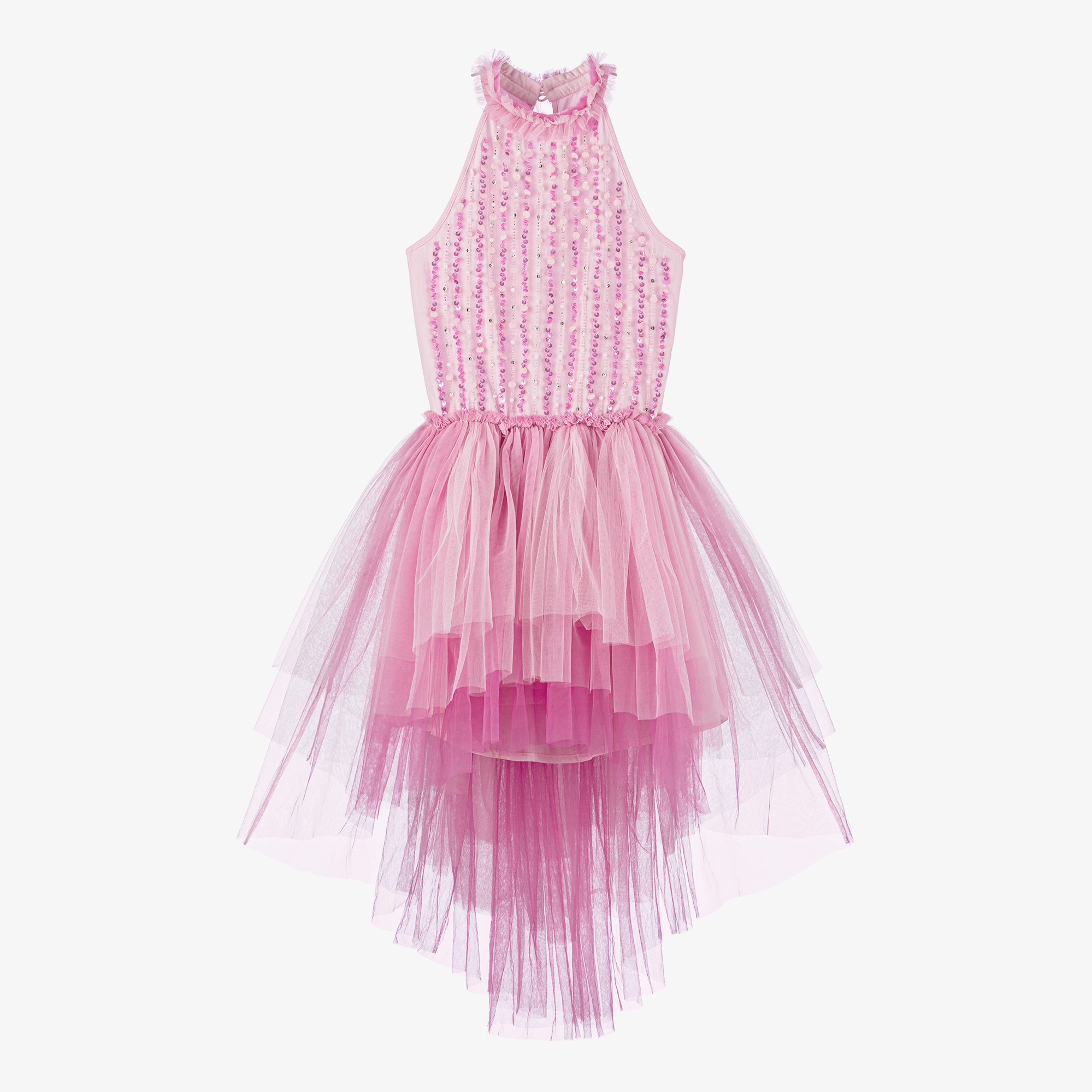 Girl's good Pink Sequined Tiered Tulle Evening Dress