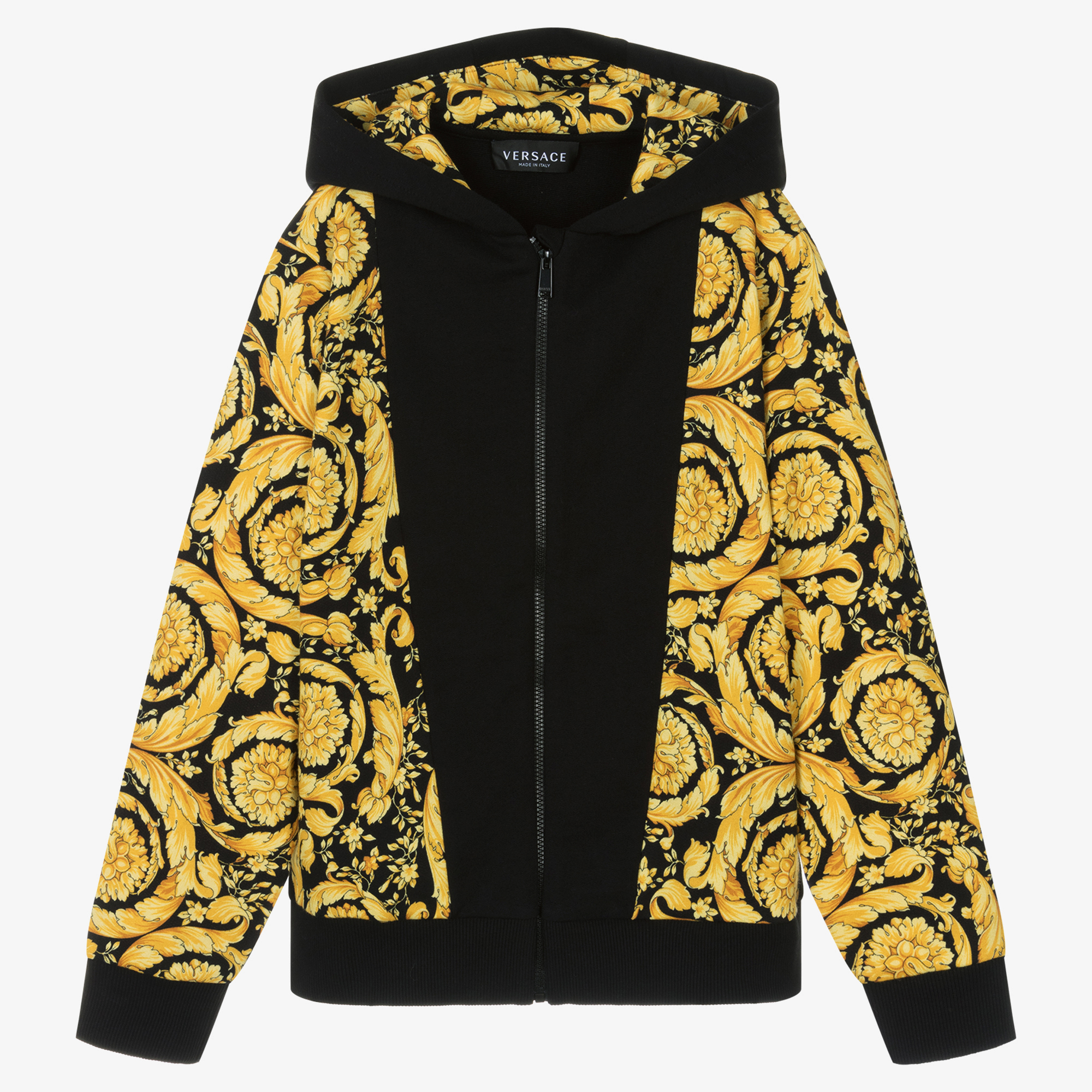 Versace Size 8A Boy's Black Blue Baroque Zip Up Hoodie Sweatshirt